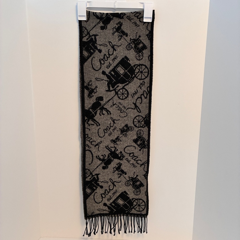 Coach Horse & Carriage Motif Black Gray Reversible Wool Cashmere Muffler Scarf - Picture 6 of 8